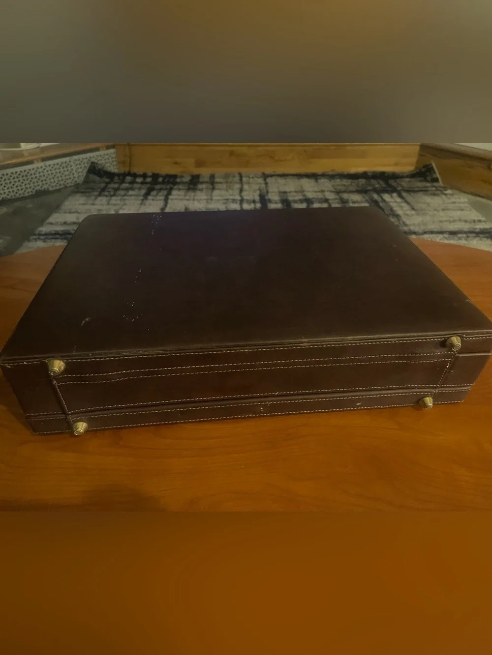 Classic Brown Leather Hard Briefcase with Gold Hardware